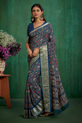 Buy Cotton Silk Blue Patola Print Ready to Wear Saree Online - Stylish & Affordable-RTW-3781